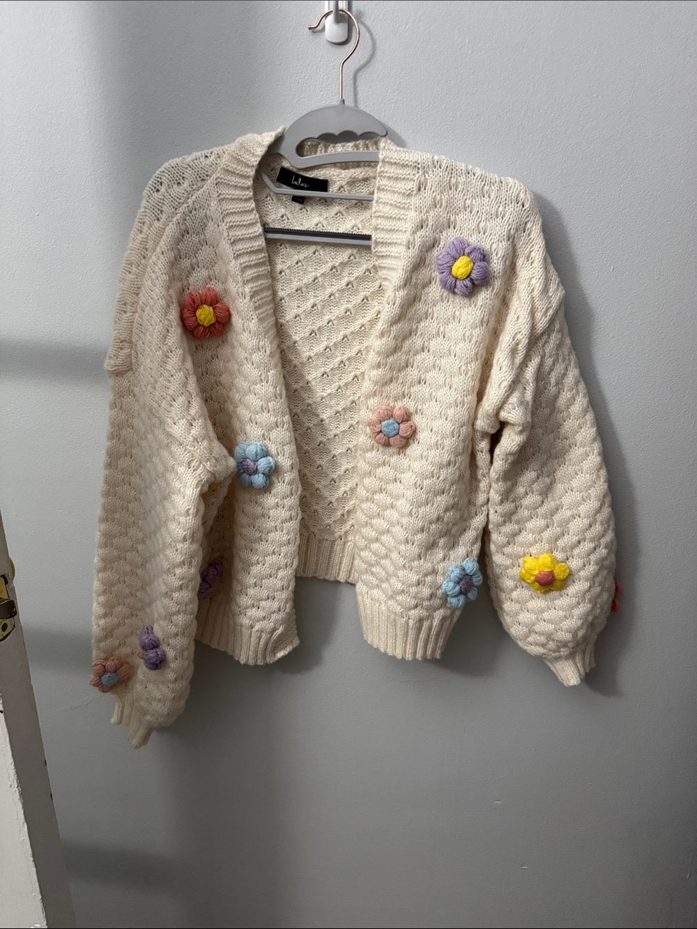 Lulu's Cream Knit Cardigan with Colorful Flower Appliqués